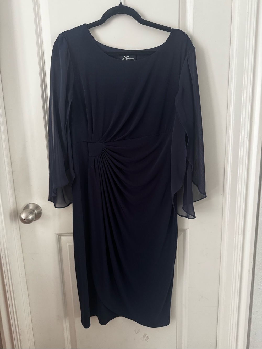 Classic Navy Midi Dress with Sheer Flutter Sleeves